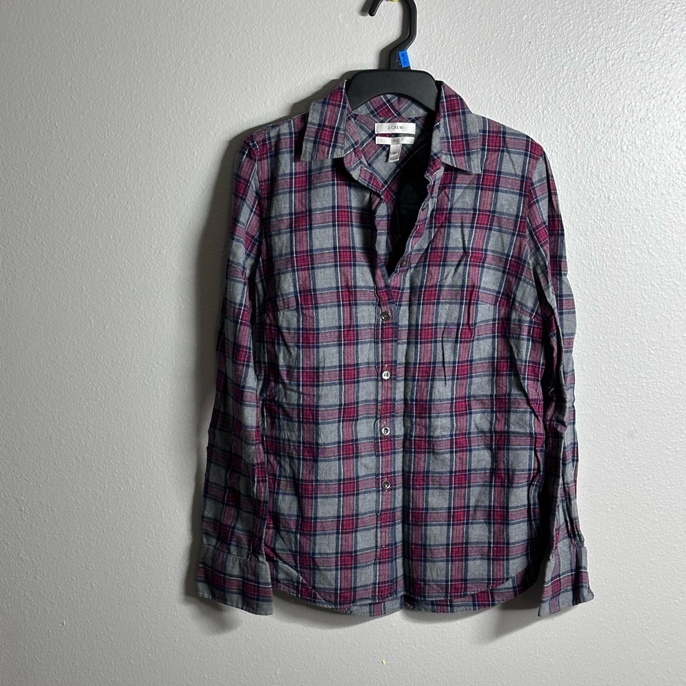 J.Crew Women Plaid Button Red/Gray Shirt Long Sleeve Boy Fit Size 00.